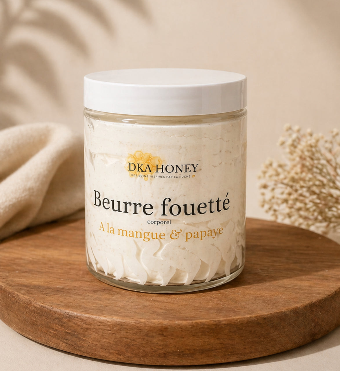 Beurre corporel fouetté à la cire d'abeille, Mangue & Papaye - 255g